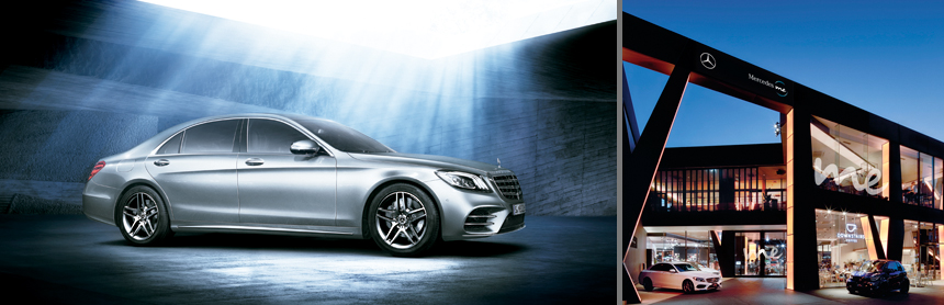 (左)メルセデス・ベンツ新型Sクラス(右)Mercedes me Tokyo