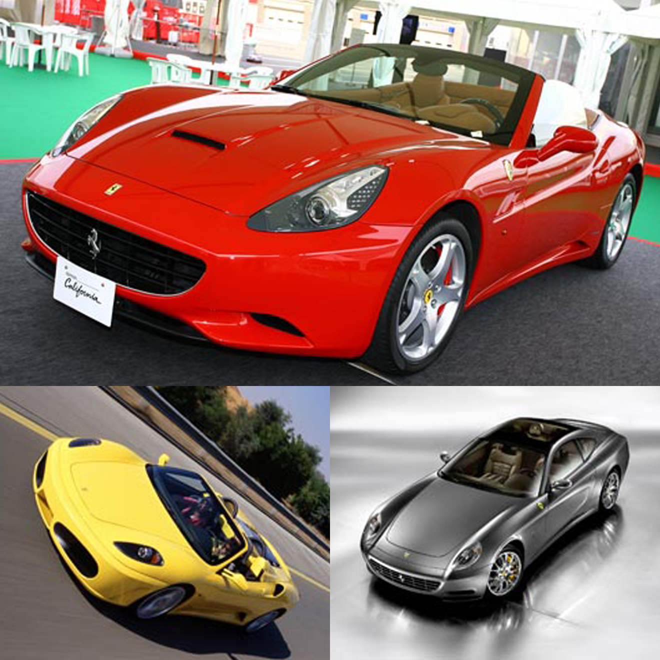 (上)460馬力/7,750rpm、最高速度310kmのフェラーリ界のサラブレッド「フェラーリ・カリフォルニア」。(左下)F430 Spider(右下)612スカリエッティ。
