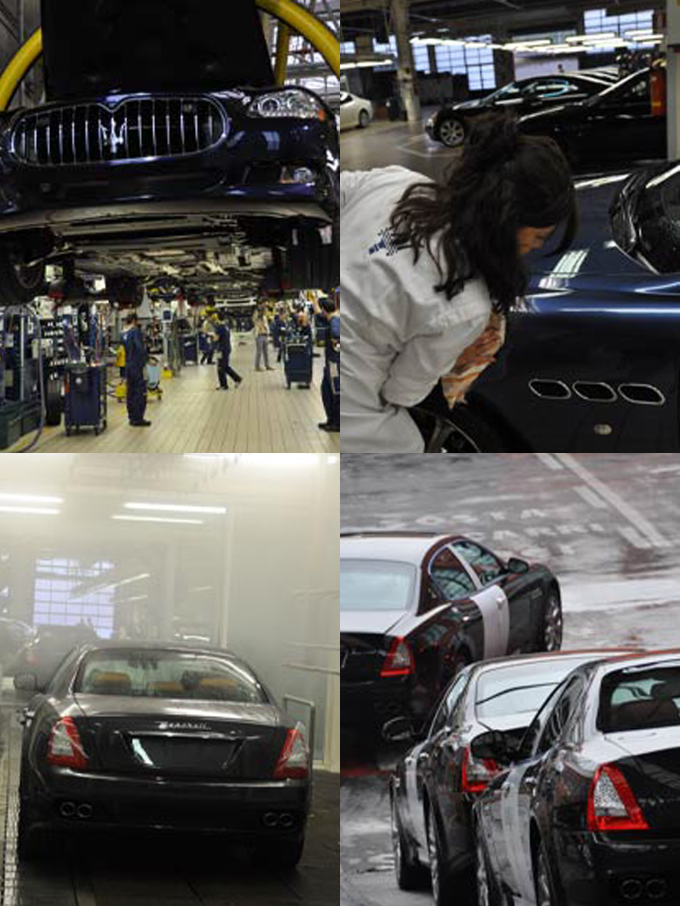 (上段左から)“手作り”の少量生産メーカーとしては最新鋭のラインをもつ。女性ワーカーも多い。(下段右から)このような耐水検査をはじめとする品質検査工程にかける比重はますます深まっている。雨の中およそ50kmのテストドライブから戻ったグランツーリスモ。